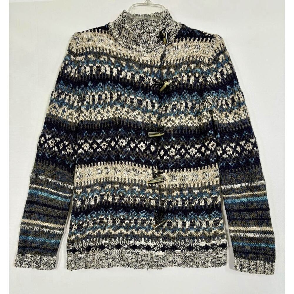 Vtg Evan Picone Fair Isle Chunky Knit Wool Blend Cardigan -Toggle Buttons Sz S